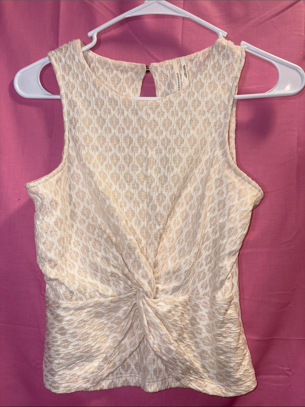 Anthropologie Cream Patterned Twist-Front Sleeveless Top